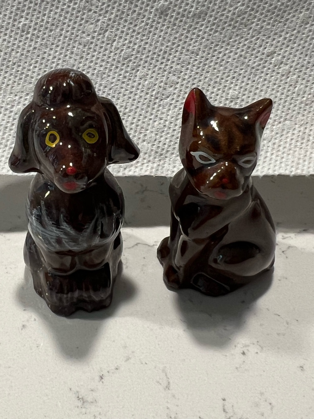 Two Vintage Glazed Ceramic Dog Figurines. Dark brown.